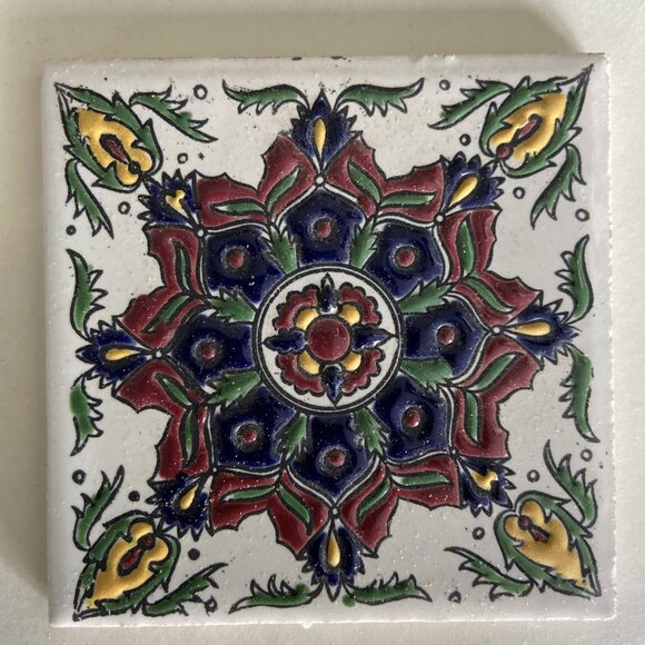 2 Vintage NASSOS RODOS Handmade Greek Tile Coaster Enamel Ceramic Floral Design - Picture 2 of 8